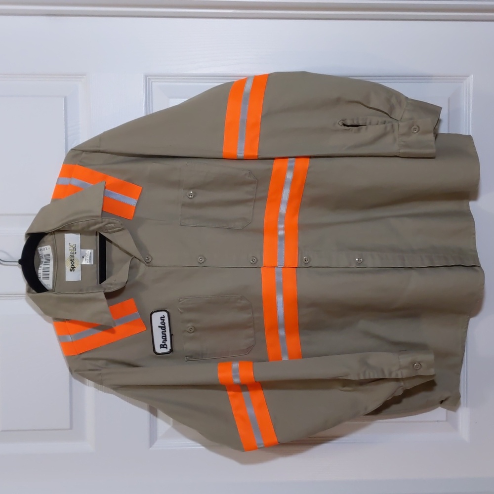 Khaki Long Sleeve Work Shirt with Reflective Orange Stripes, XL.